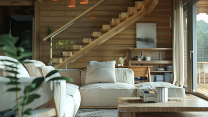Fototapeta na wymiar A serene living space in a modern wooden cabin, with sunlight streaming in and creating a peaceful ambiance.