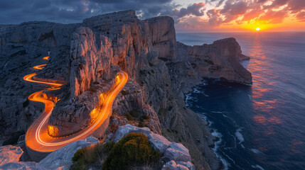 Serpentine road on mountain cliff with light trails at sunset, coastal landscape. Photography concept. Generative AI
