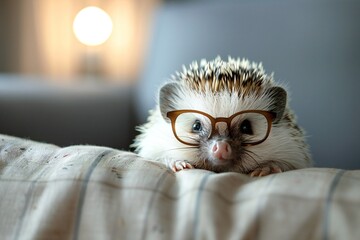 Cute hedgehog with round glasses sitting on sofa