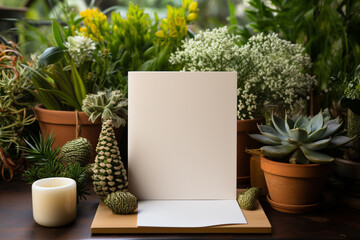 notebook with flowers Beautiful hands holding a blank greeting card vertically in a mockup