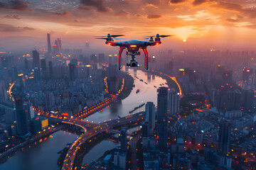 A bustling city street is observed from above by a camera-equipped drone, with evening traffic lights stretching far into the distance.