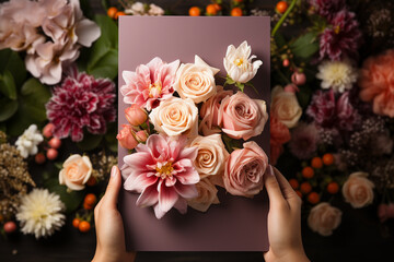bouquet of roses and gift Beautiful hands holding a blank greeting card vertically in a mockup