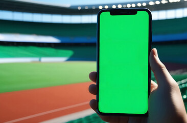 Sport Stadium Championship: Person's Hand Holding Green-Screen Chroma Key Smartphone. Great Sports Related Copyspace Template Connected to Social Media, Checking Score, Results.