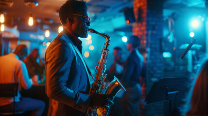 Jazz musician immersed in performance playing saxophone in a vibrant club scene.