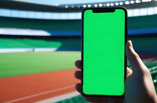 Sport Stadium Championship: Person's Hand Holding Green-Screen Chroma Key Smartphone. Great Sports Related Copyspace Template Connected to Social Media, Checking Score, Results.