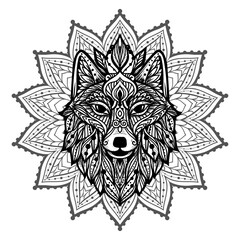 Wolf mandala. Vector illustration. Adult coloring page. Wild Animal in Zen boho style. Sacred, Peaceful. Tattoo print ornaments. Black and white - 763936690