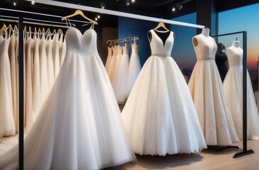 Beautiful wedding dresses, bridal dress hanging on hangers and mannequins in bridal salon. Wedding show room.