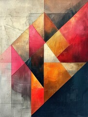 This painting features a complex and vibrant multicolored geometric design. Various shapes, lines, and colors intersect and overlap to create a visually striking composition