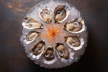 a plate of oysters on ice - obrazy, fototapety, plakaty