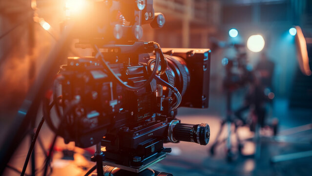 A cinematic film camera on a set, basking in a dramatic backlight.