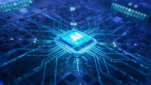 Dynamic Close-up of Futuristic AI Accelerated Chip Connection. Next Generation Microchip Activating and Powering Up System. High Performance GPU For Generative Artificial Intelligence Computing.