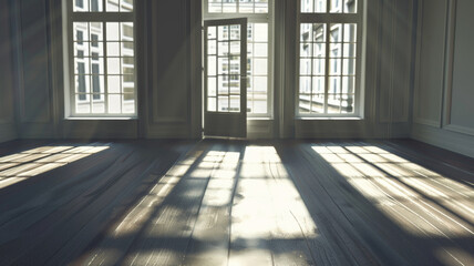 Wooden floor and windows casting long shadows in a spacious room.