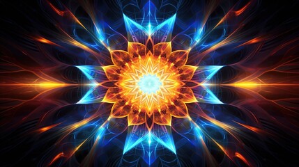 Obraz premium Radiant digital creation resembling a star-shaped flower made of light, symbolizing convergence and innovation, perfect for tech and science visual needs with a central focus.