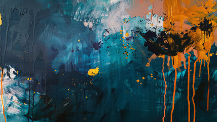 Vivid abstract painting with streaks of blue and splashes of orange.