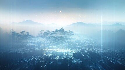 A digital mountain landscape merges with an ethereal fog, creating a scene of techno-natural fusion suitable for futuristic themes