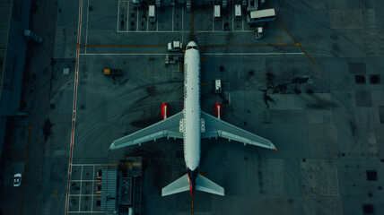 Aerial view captures a commercial airplane at a gate, preparing for the next journey amidst ground support.