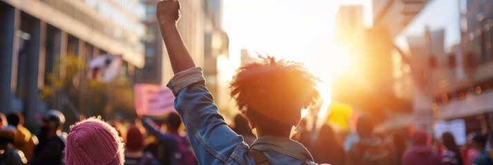 African American woman with fist raised, backlight of sun at urban protest, silhouette effect - obrazy, fototapety, plakaty