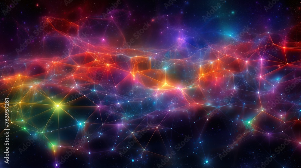 Poster abstract illustration of a cosmic web network with multicolored laser-like streams, capturing the es