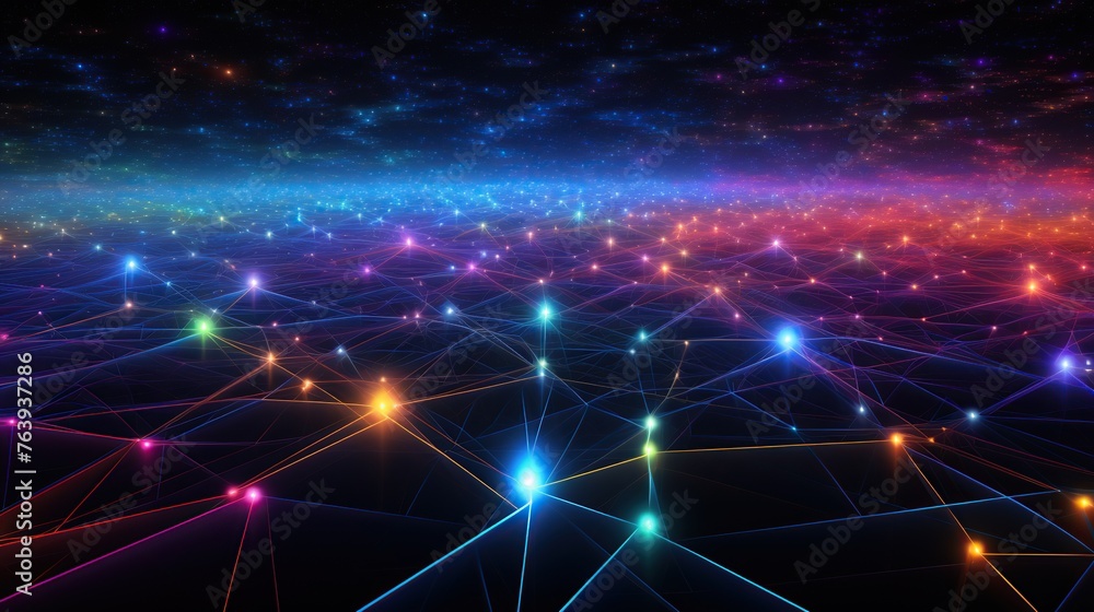 Poster an intricate web of neon light nodes against a cosmic backdrop, depicting the vast data networks in 