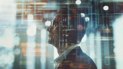 Side profile of a businessman with a futuristic overlay of data networks.
