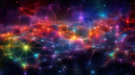 Abstract illustration of a cosmic web network with multicolored laser-like streams, capturing the essence of connectivity in the universe, ideal for high-tech and scientific use.