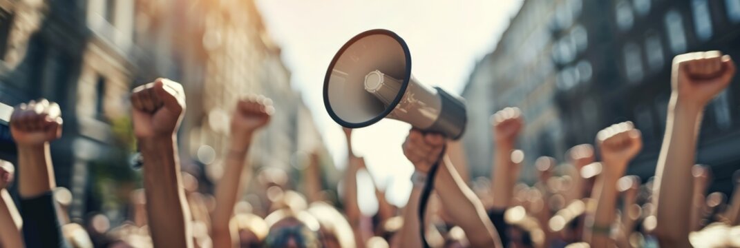 Protesters raising fists in solidarity, megaphone leading chants in city demonstration