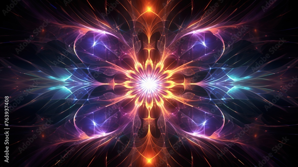 Poster digital energy flows converge in a flower-like pattern, symbolizing technological growth and connect