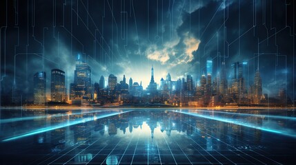 Surreal cityscape with digital schematic overlay, reflecting the integration of technology and urban life, great for modern tech themes, featuring copy space for text.