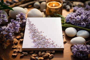 lavender soap and flowers and Beautiful hands holding a blank greeting card vertically in a mockup - obrazy, fototapety, plakaty