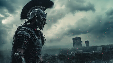 Fototapeta na wymiar Warrior in armor overlooking an ancient battlefield.