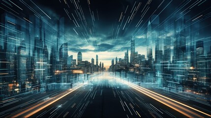 An image capturing the speed and rhythm of a futuristic city, with motion light streaks and skyscrapers, ideal for urban development and futuristic themes, includes copy space.