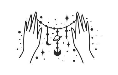 Hand line art vector design, hand drawn celestial stars logo or emblem. Magic Symbol for decoration cosmetics, market and packaging or beauty products - 763937674
