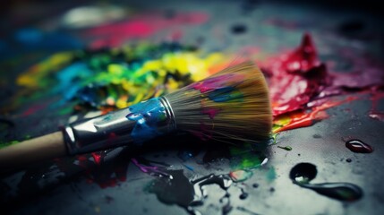 Obraz premium A vivid image capturing a paintbrush with bright, multicolored paint stains against a palette with scattered hues