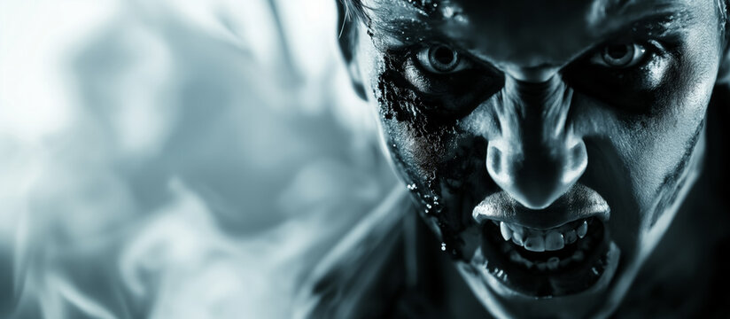 Intense man with half-face covered in dark paint.