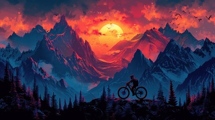 A man in cycling gear is riding a bike through rugged mountain terrain under a clear sky. The scene...