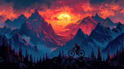 Foto op Canvas A man in cycling gear is riding a bike through rugged mountain terrain under a clear sky. The scene captures the thrill of outdoor adventure and physical activity in a picturesque natural setting © lublubachka