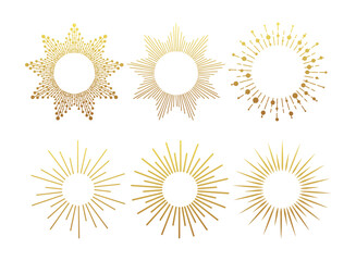 Sunburst gold vintage explosion. Handdrawn vector Design, magical Element. Fireworks collection. Bohemian sunrays linear icons and symbols for decoration - 763937857