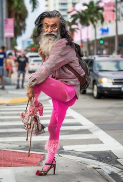 an old ladyboy with black hair and white beard, wearing pink long sleeve shirt, leggings , Black high heels shoes holding her bag in the shape like devil horns on head walking down Miami mall street