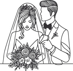 line drawing romantic wedding couple one line art love vector illustration