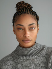 Obraz premium Close-up portrait of a young woman with braided hair and freckles, wearing a grey sweater