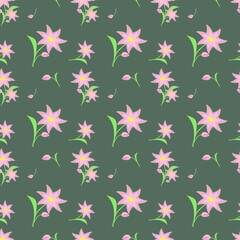 Seamless pattern of pink flowers on a colored background.