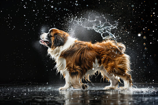 A St. Bernard dog on a black background shakes off water