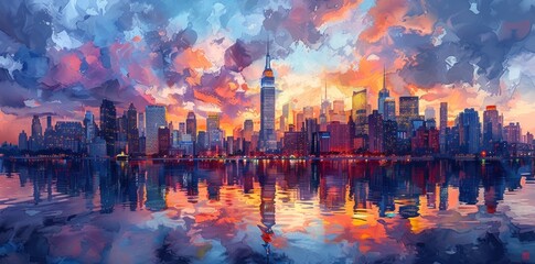 new york skyline painting print, in the style of watercolor technique