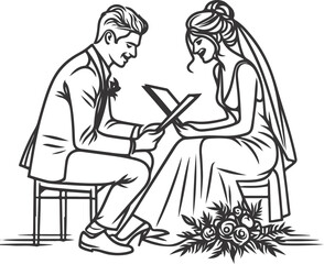 line drawing romantic wedding couple one line art love vector illustration