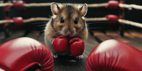 cute tiny hamster standing on the ring ropes wearing red boxing gloves, doing sports is good for health, banner