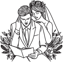 line drawing romantic wedding couple one line art love vector illustration
