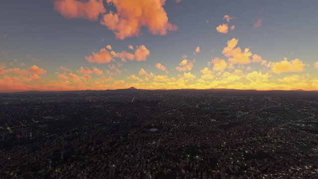Aerial view at sunset from drone of Tokyo city in Asakusa. Mount Fuji in the background. Japan
