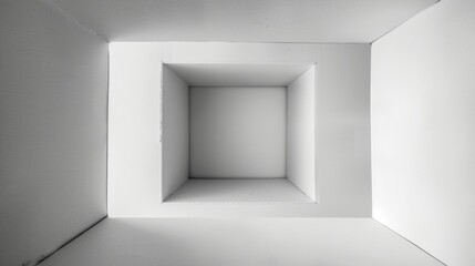 Empty clean white box from inside, monochromatic style, iperrealistic.