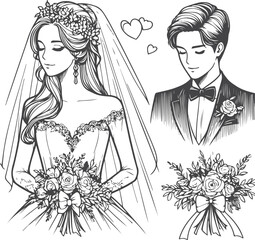 line drawing romantic wedding couple one line art love vector illustration