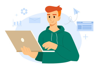 Concept of Remote Work and Freelancing. Young Man Analyzing Data and Holds a Laptop in His Hand. Programmer, Coder, Developer. Flat Style Vector Illustration.